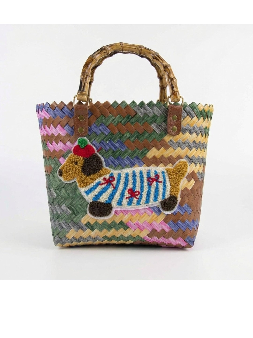 Multi-color Woven Tote Bag with Dachshund Patch